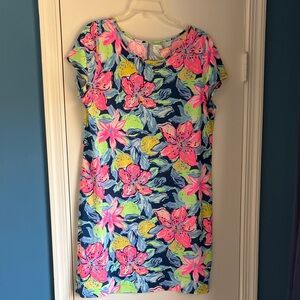 Lilly Pulitzer Navy Dress with Neon Pink and Lime Floral Print